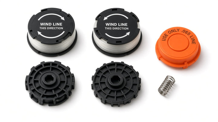 AF-100 style kit: four 0.065 factory-wound spools, orange automatic-feed cap, spring