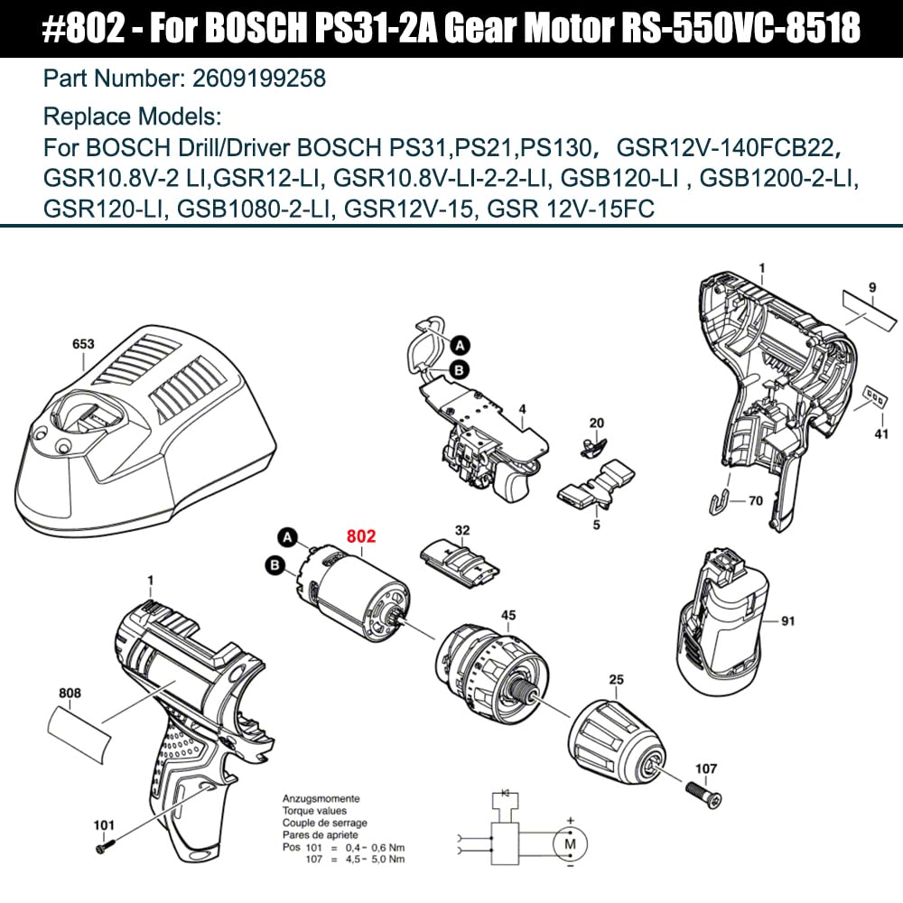 RS-550VC-8518 12V Drill Motor for Bosch PS31 PS21 Drill/Driver