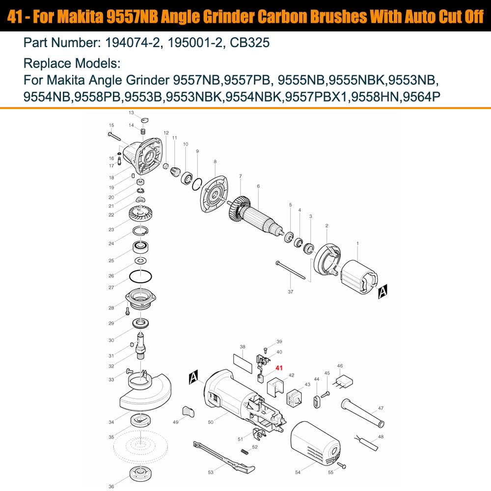 194074-2 Carbon Brushes for Makita 9557NB GA4540 Angle Grinder, 8-Pack