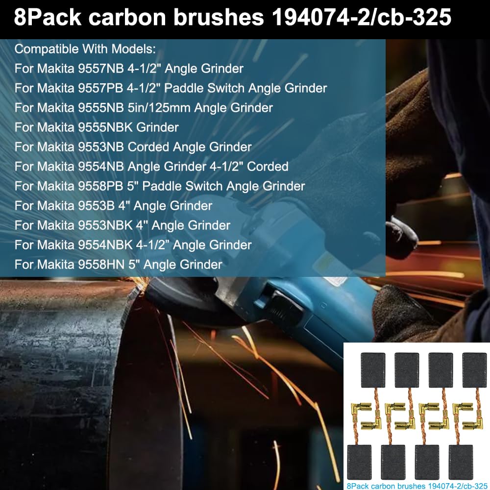 194074-2 Carbon Brushes for Makita 9557NB GA4540 Angle Grinder, 8-Pack