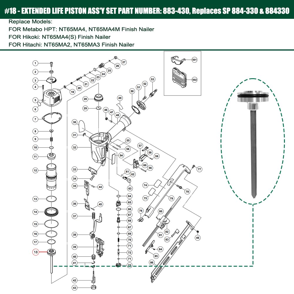 884-330 Piston Driver Assembly for Hitachi NT65MA2 NT65MA3 Nailer