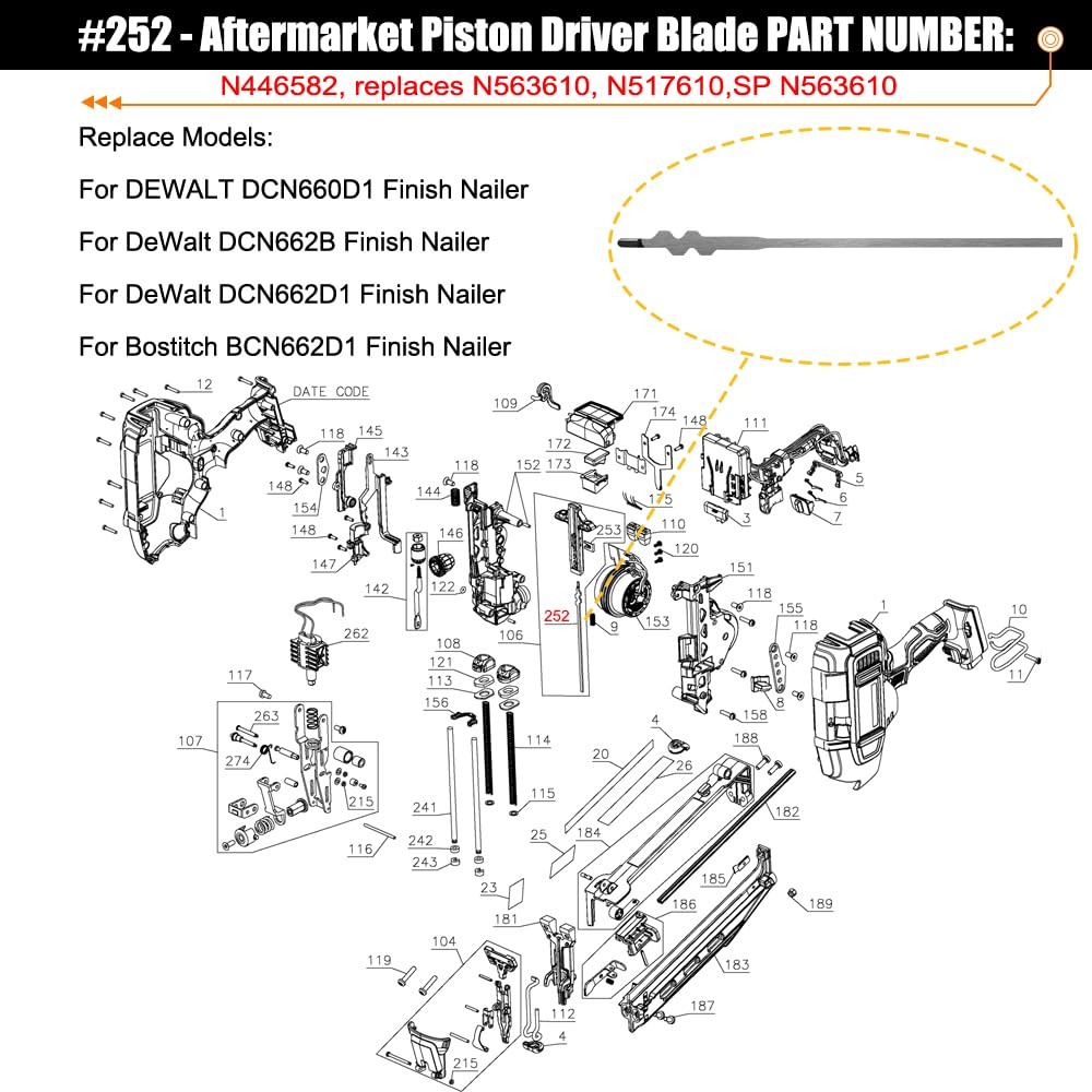 N446582 Piston Driver Blade for DeWalt DCN660 DCN662 Finish Nailer
