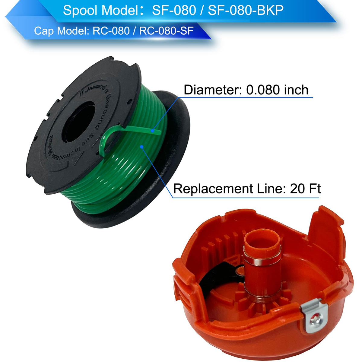 SF-080 Spool for Black+Decker GH3000 LST540 Trimmer, 6-Pack + Cap