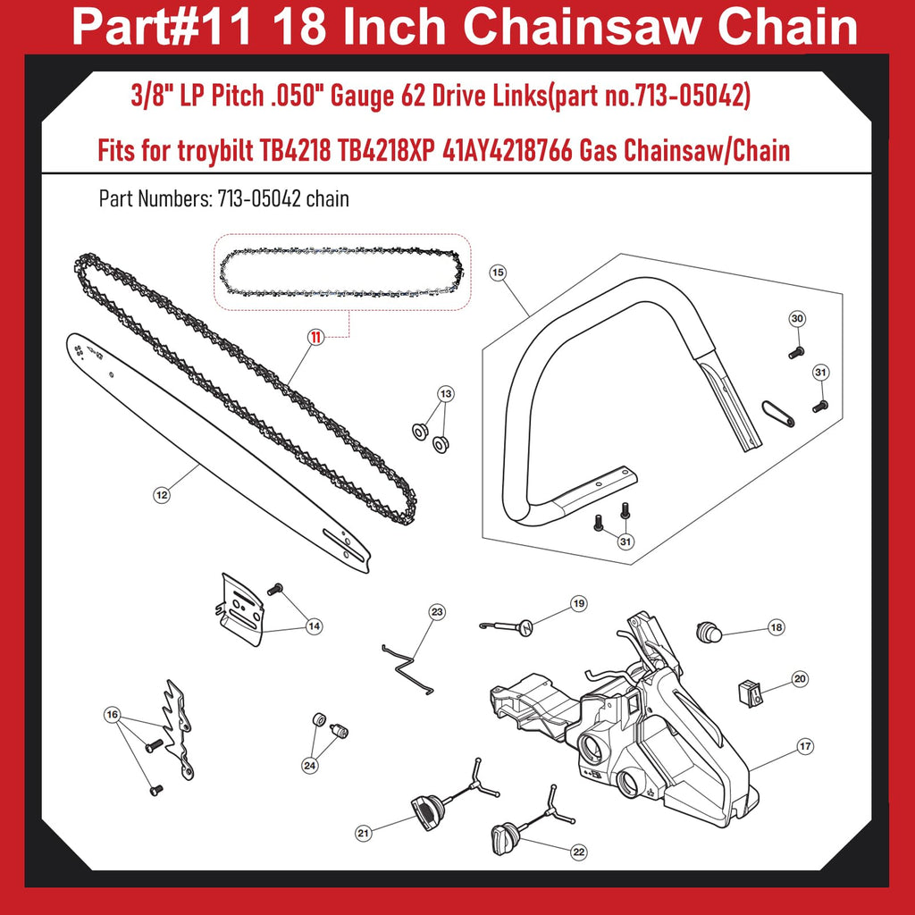 18" Chainsaw Chain for Troy-Bilt TB4218 TB4218XP Gas Chainsaw