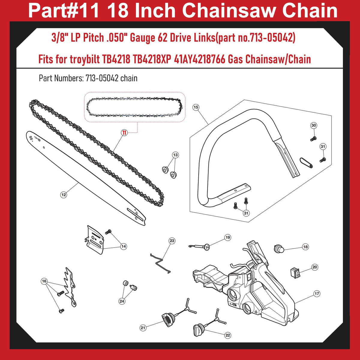 18" Chainsaw Chain for Troy-Bilt TB4218 TB4218XP Gas Chainsaw
