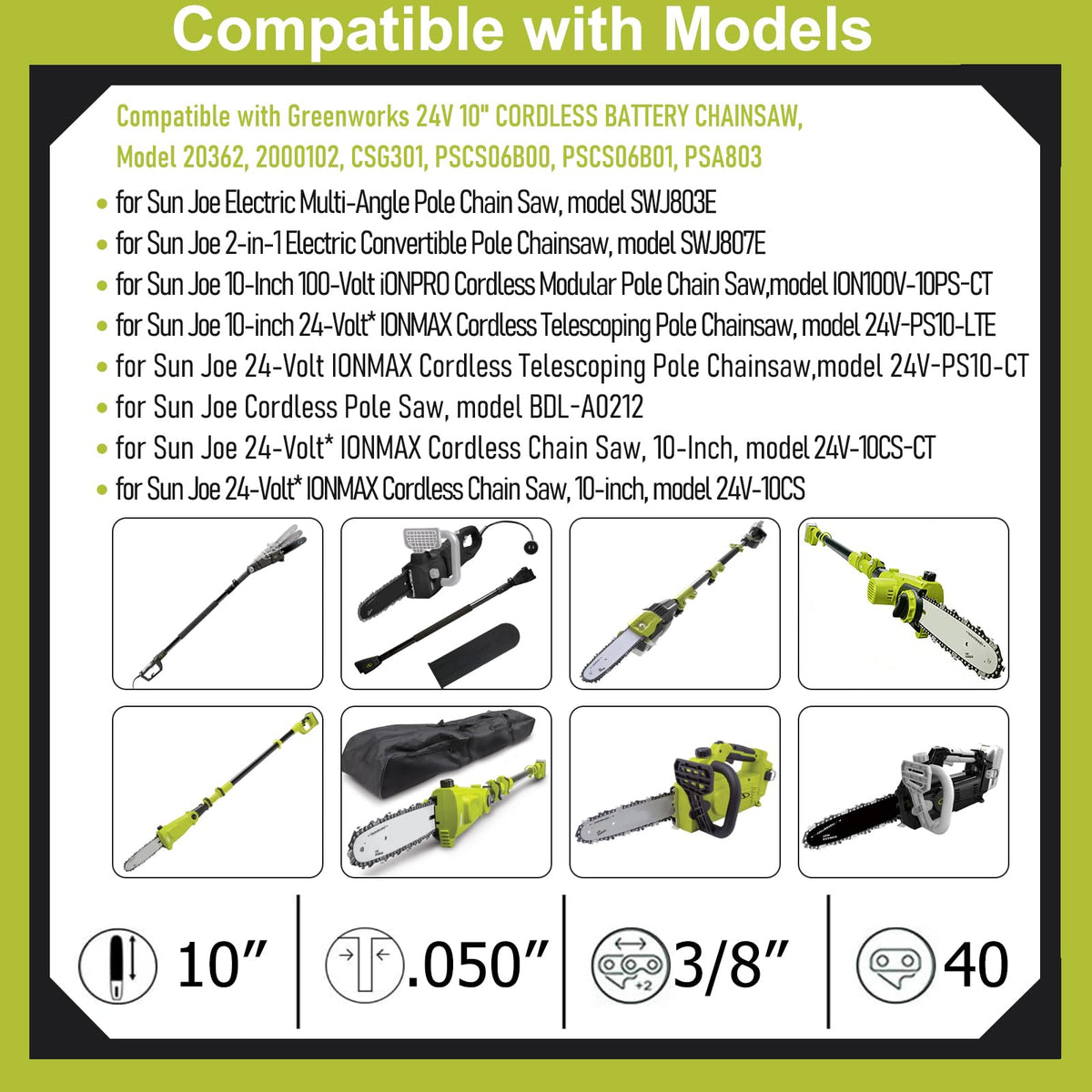 10" Pole Saw Bar & Chain for Sun Joe SWJ803E SWJ807E, Worx WG309