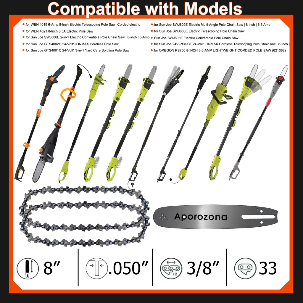 Espada de podadora 8 pulg. y 3 cadenas para Sun Joe SWJ800E SWJ802E, WEN 4019