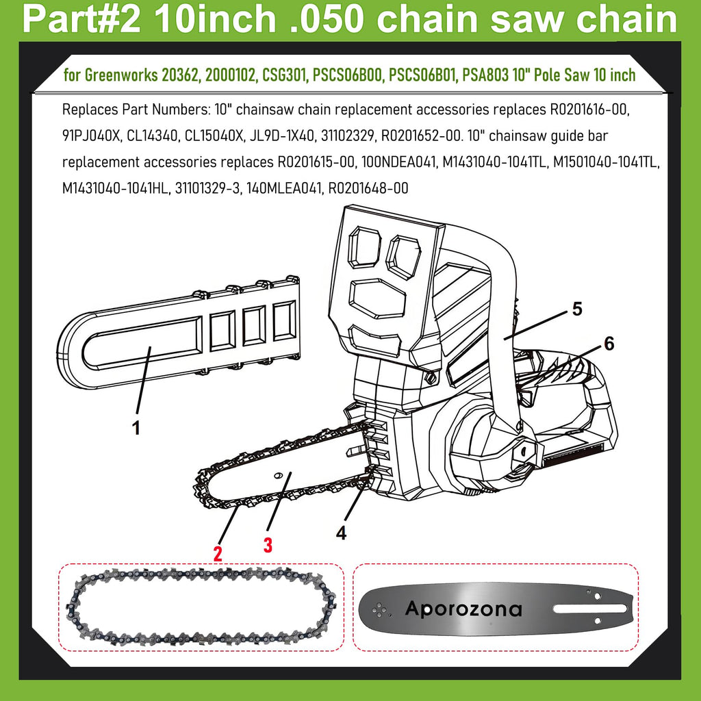Espada y cadena de podadora 10 pulg. para Sun Joe SWJ803E SWJ807E, Worx WG309
