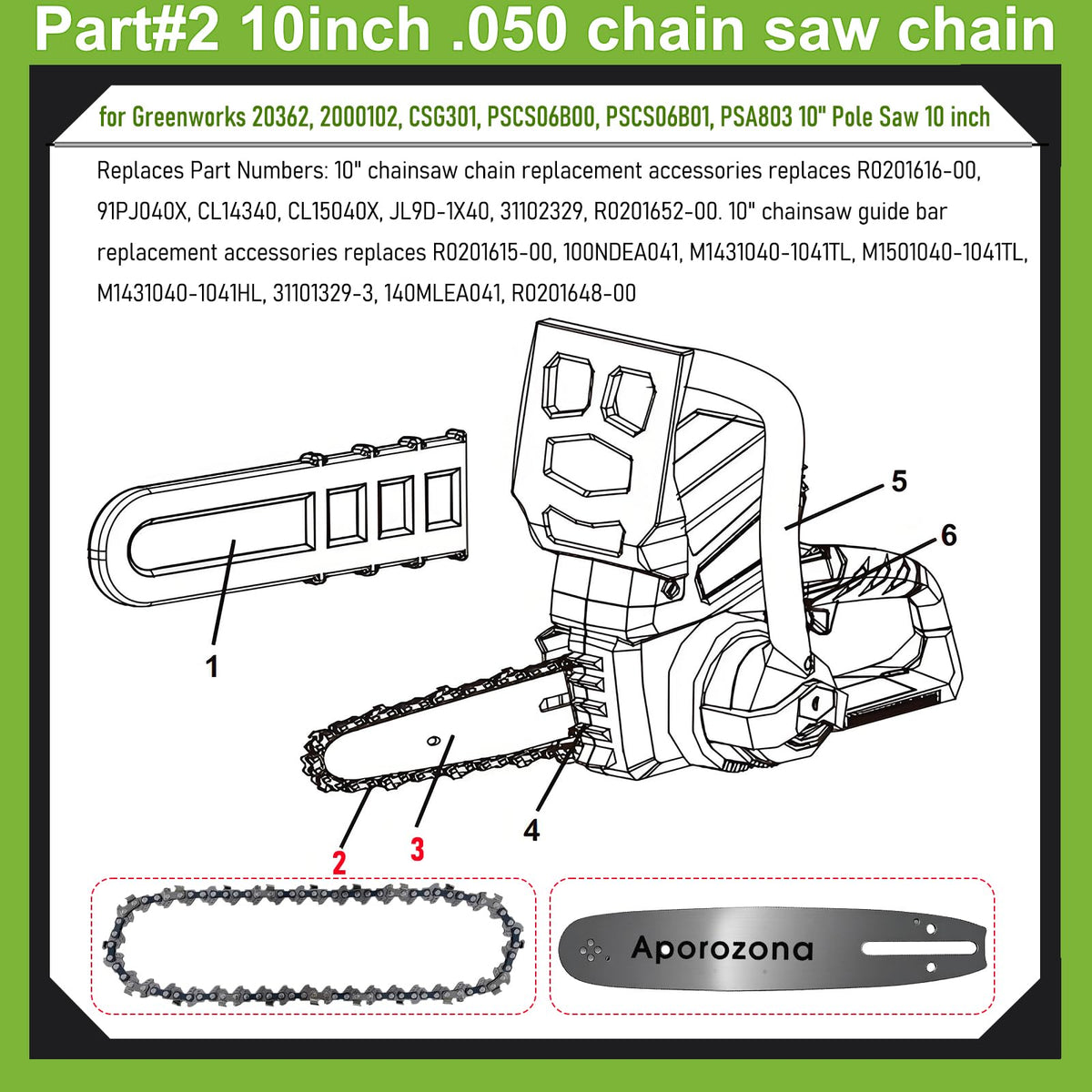 10" Pole Saw Bar & Chain for Sun Joe SWJ803E SWJ807E, Worx WG309