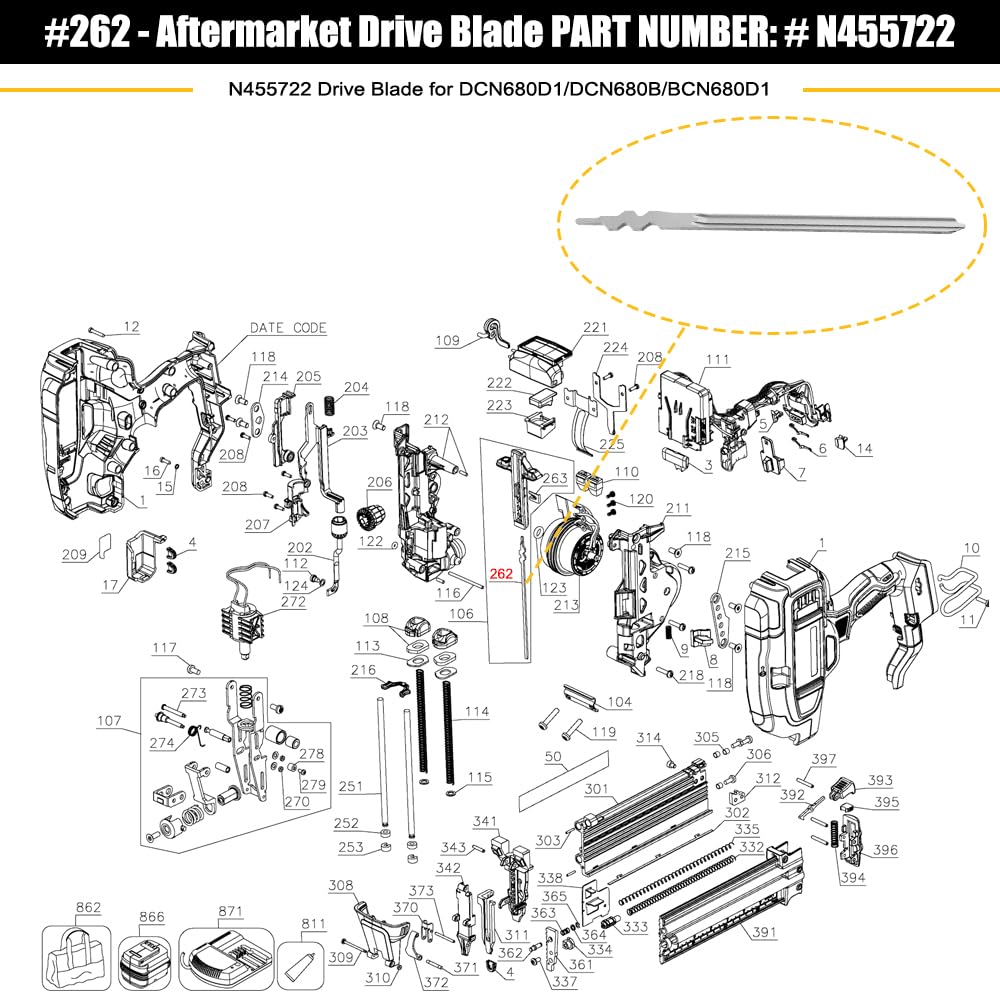 Cuchilla impulsora N455722 para clavadora de clavos brad DeWalt DCN680, paquete de 2