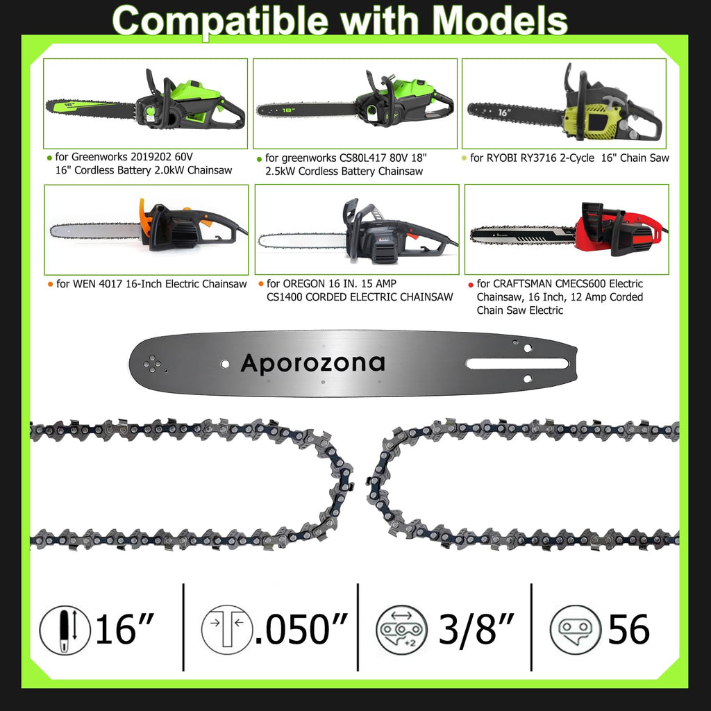 Espada de 16 pulg. y 3 cadenas para Greenworks CS80L417, Ryobi RY3716