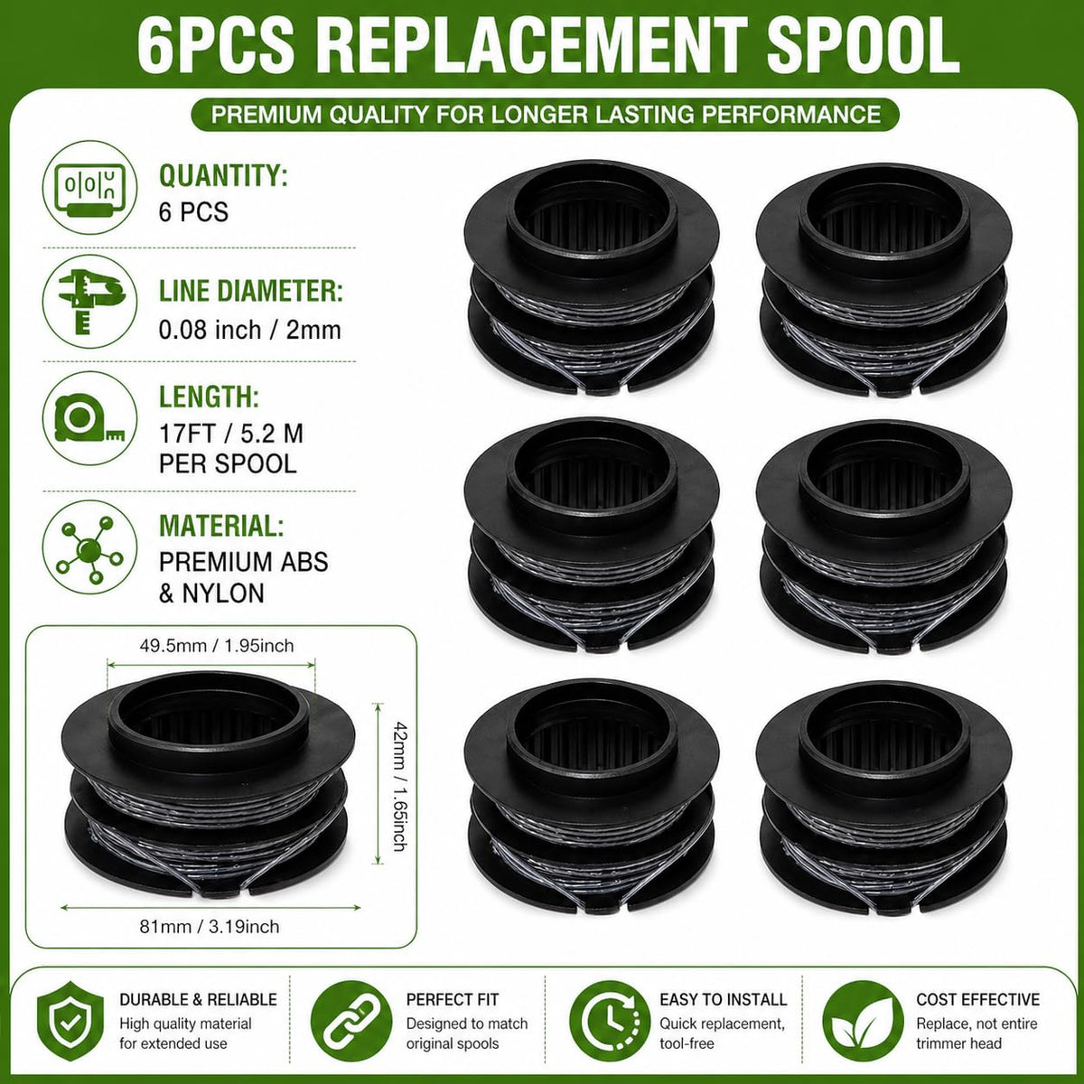 SB00L00 .080" Spool for Greenworks 80V ST80L00 ST80L210, 6-Pack