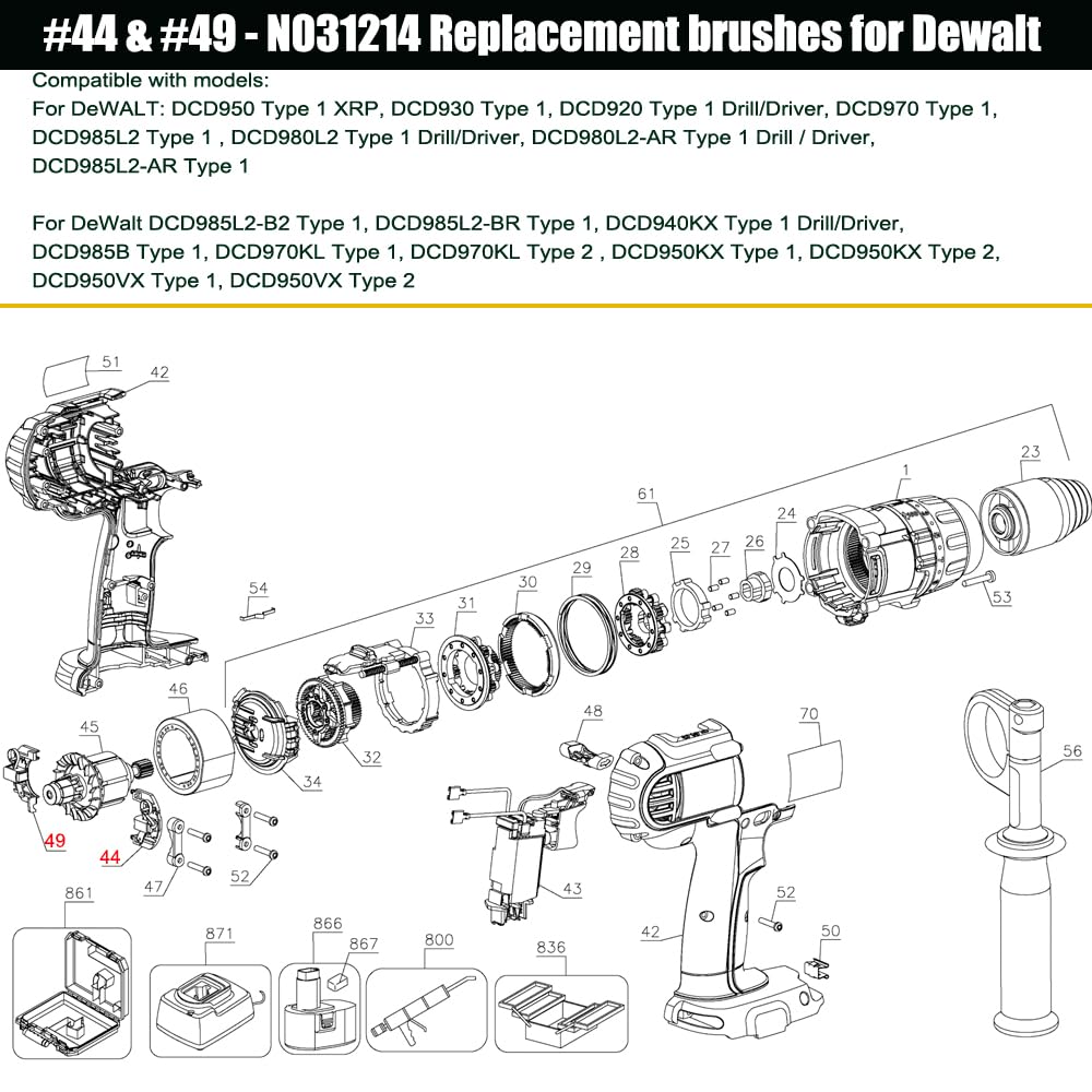 N031214 Brush Holder Assembly for DeWalt DCD985 DCD980 Hammer Drill