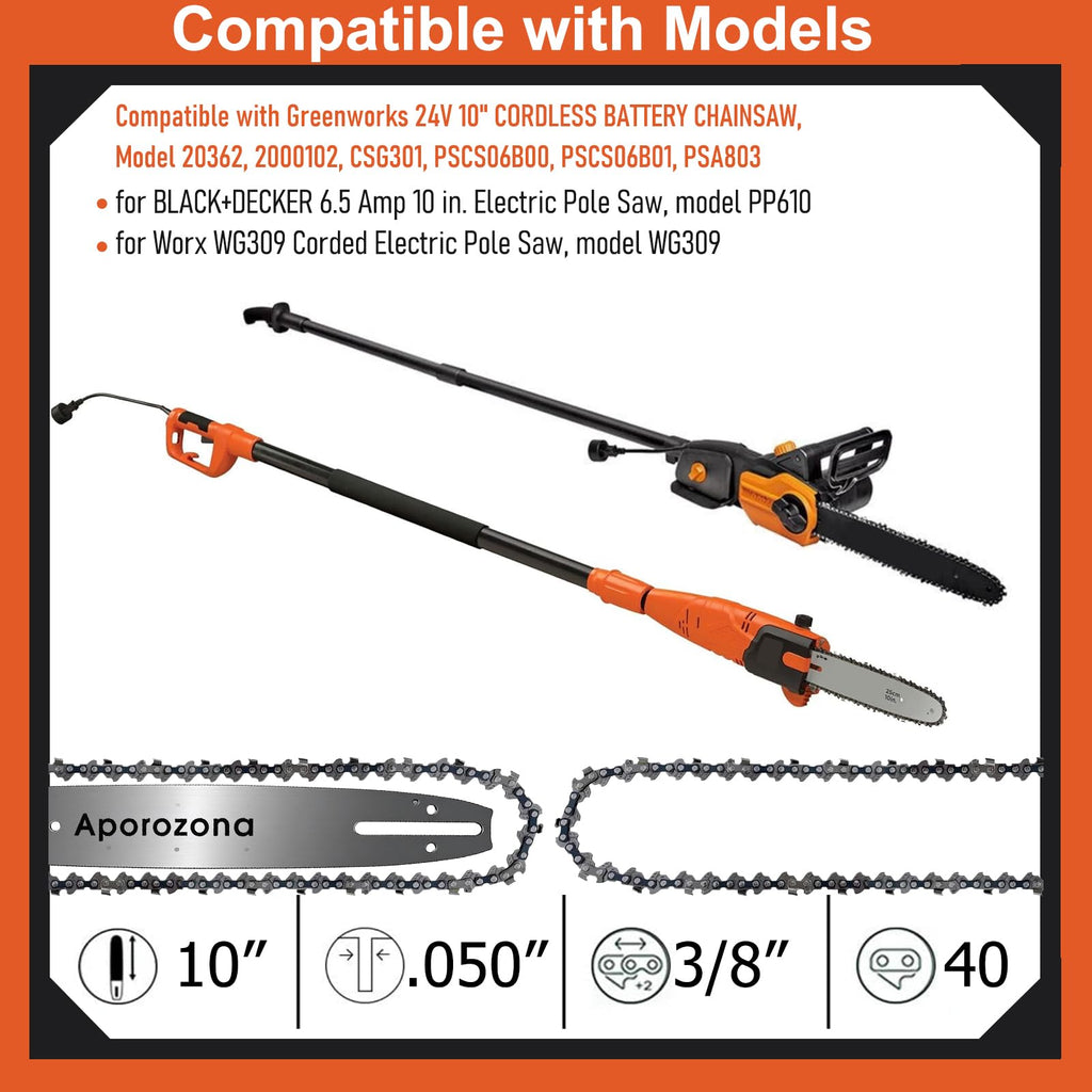 Espada y cadena de podadora 10 pulg. para Sun Joe SWJ803E SWJ807E, Worx WG309