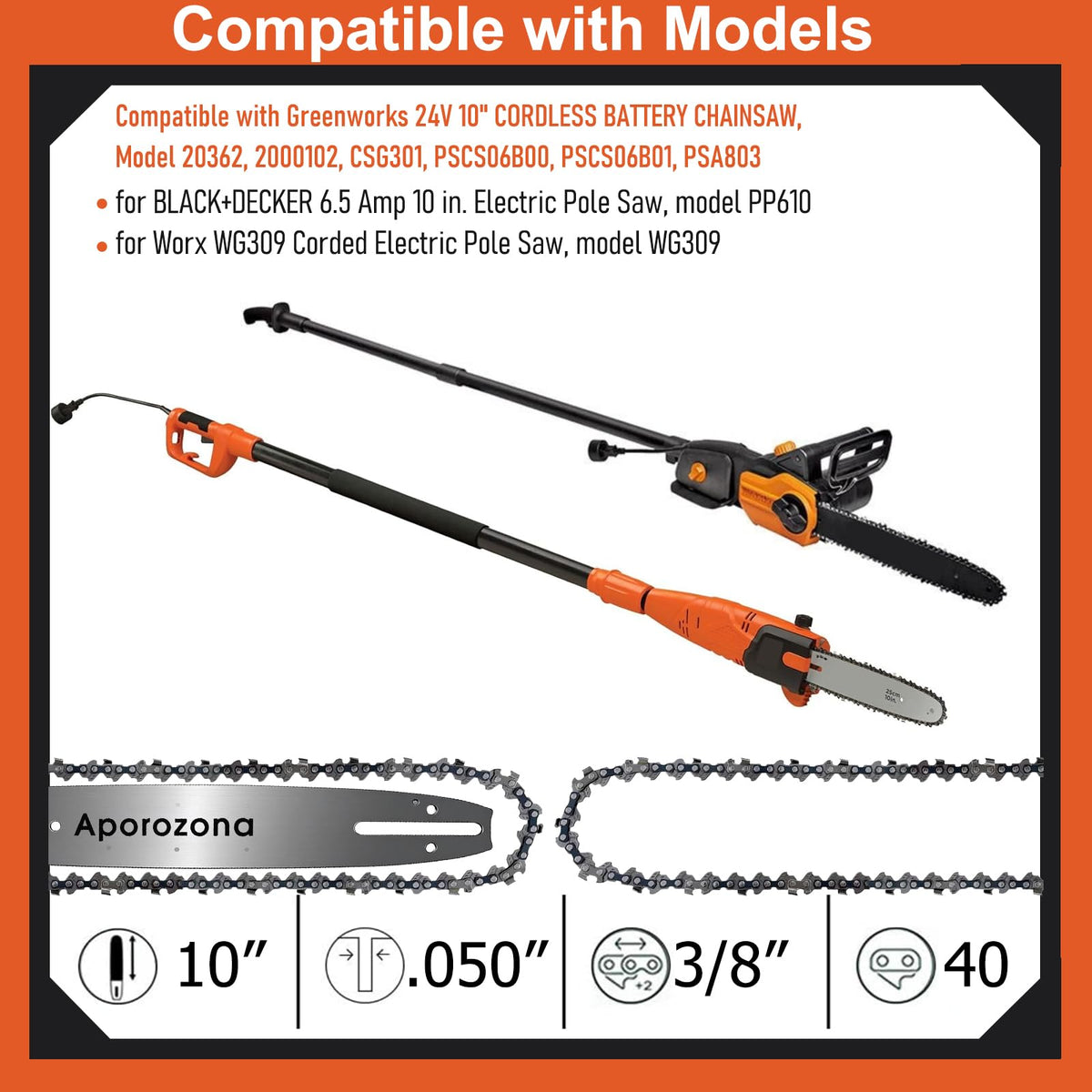 10" Pole Saw Bar & Chain for Sun Joe SWJ803E SWJ807E, Worx WG309