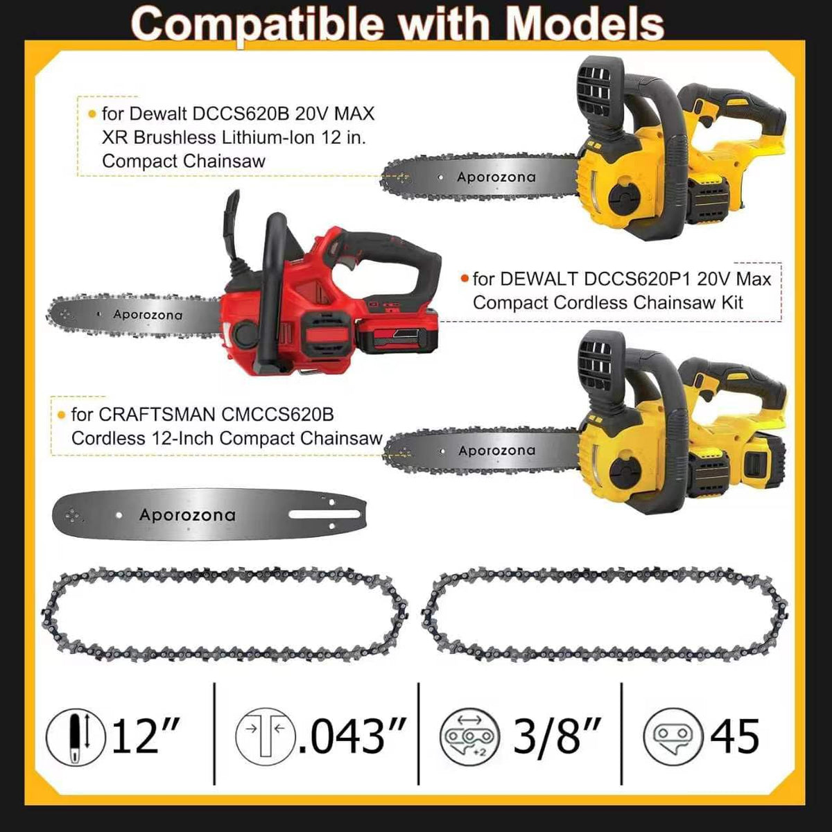 12" Chainsaw Bar & Chain for DeWalt DCCS620 & Craftsman CMCCS620