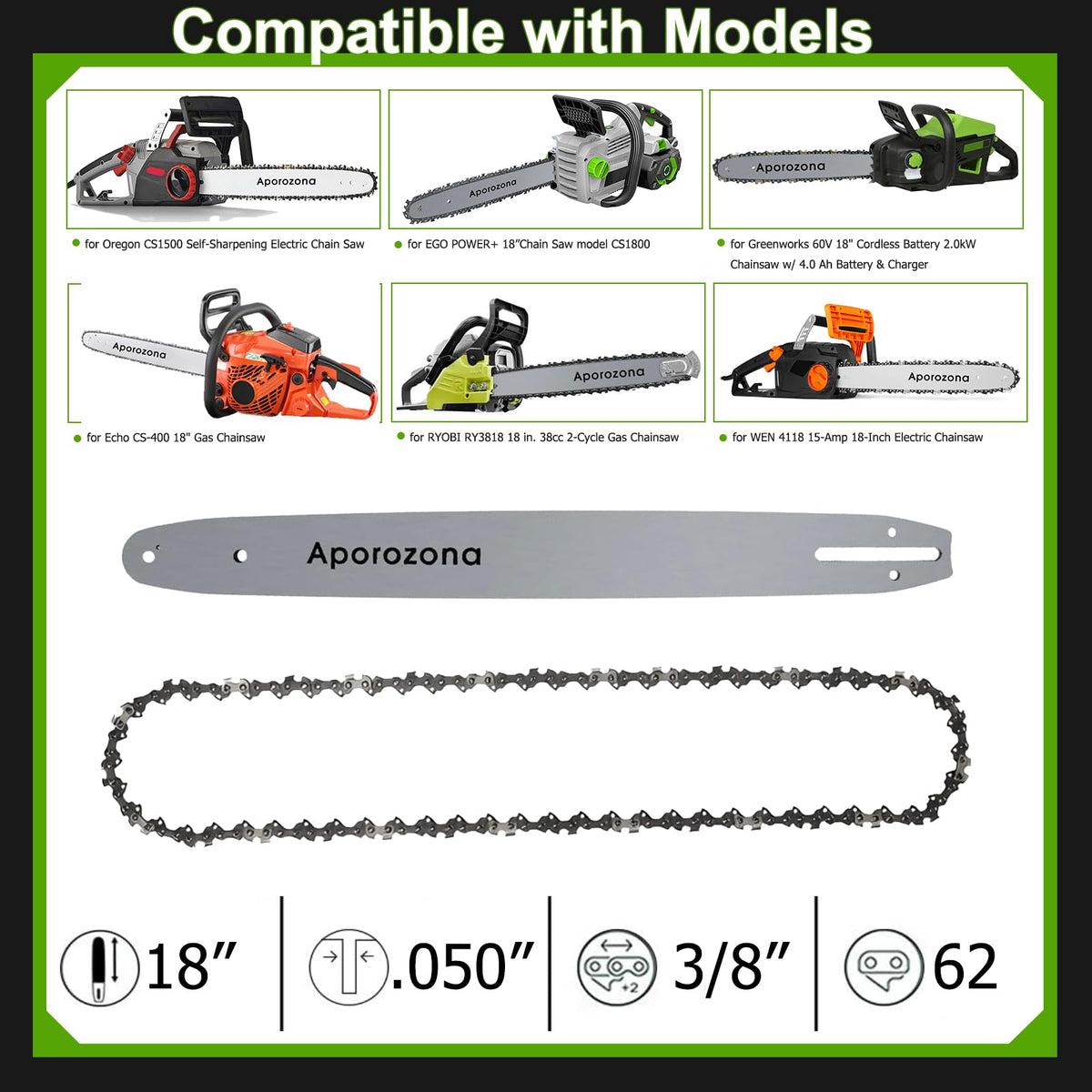18" Chainsaw Bar AG1800 for EGO CS1800 CS1804 & Ryobi RY3818, 62DL
