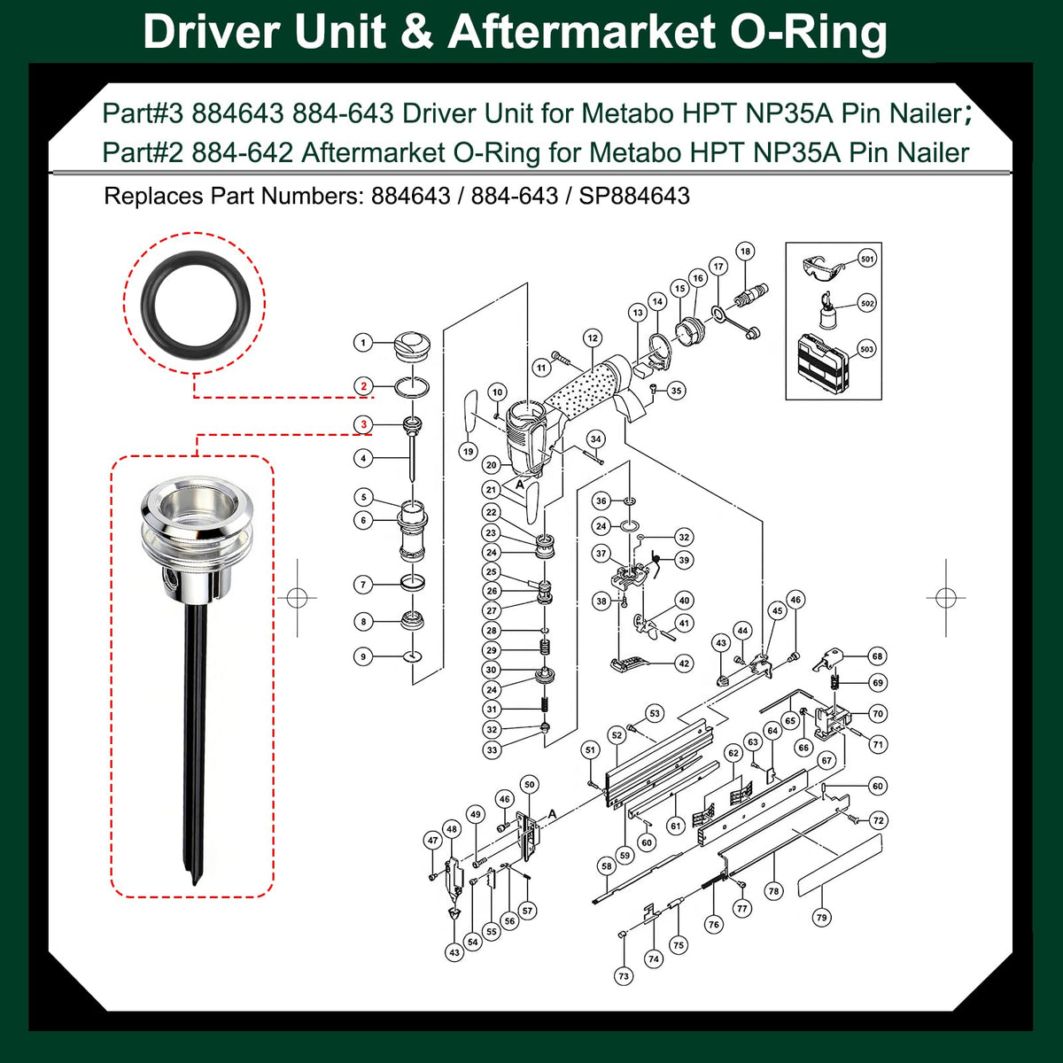 884643 Driver Assembly for Metabo HPT / Hitachi NP35A Pin Nailer