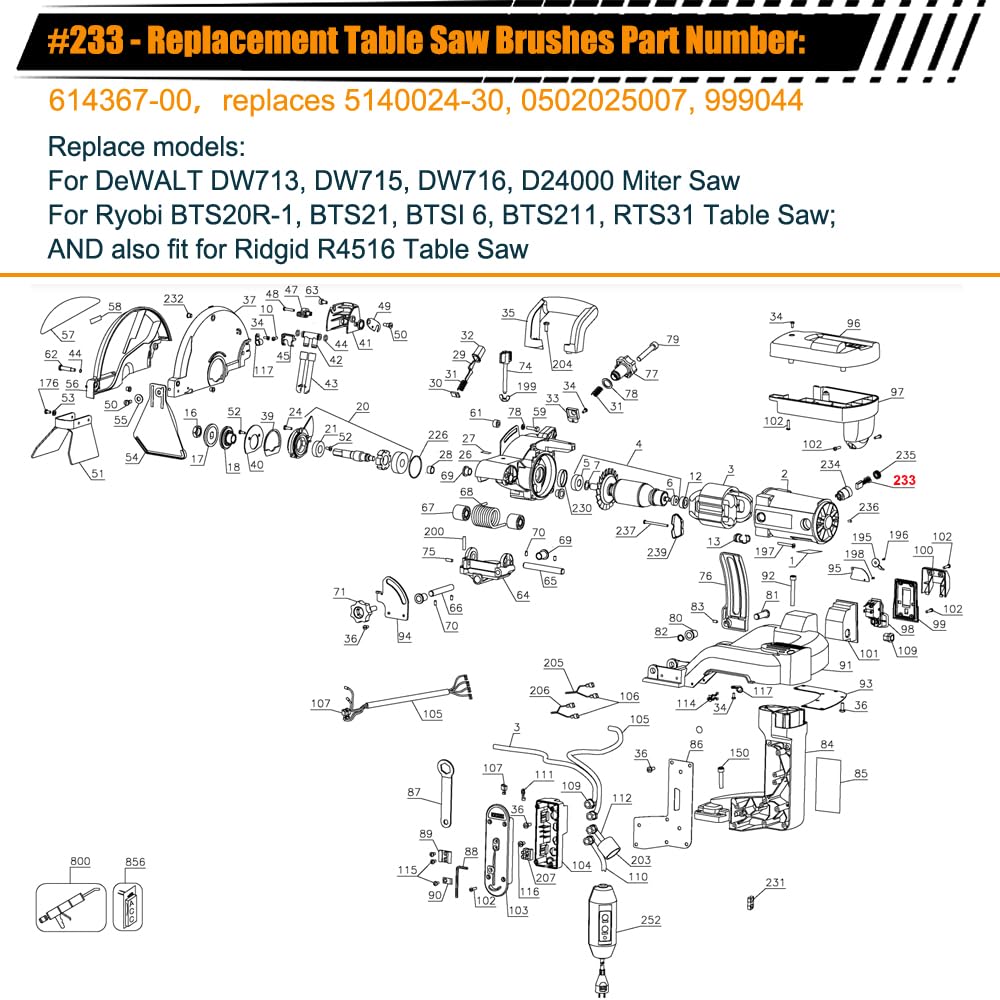 Escobillas de carbón 614367-00 para sierra ingletadora DeWalt DW703 DW715 DW716