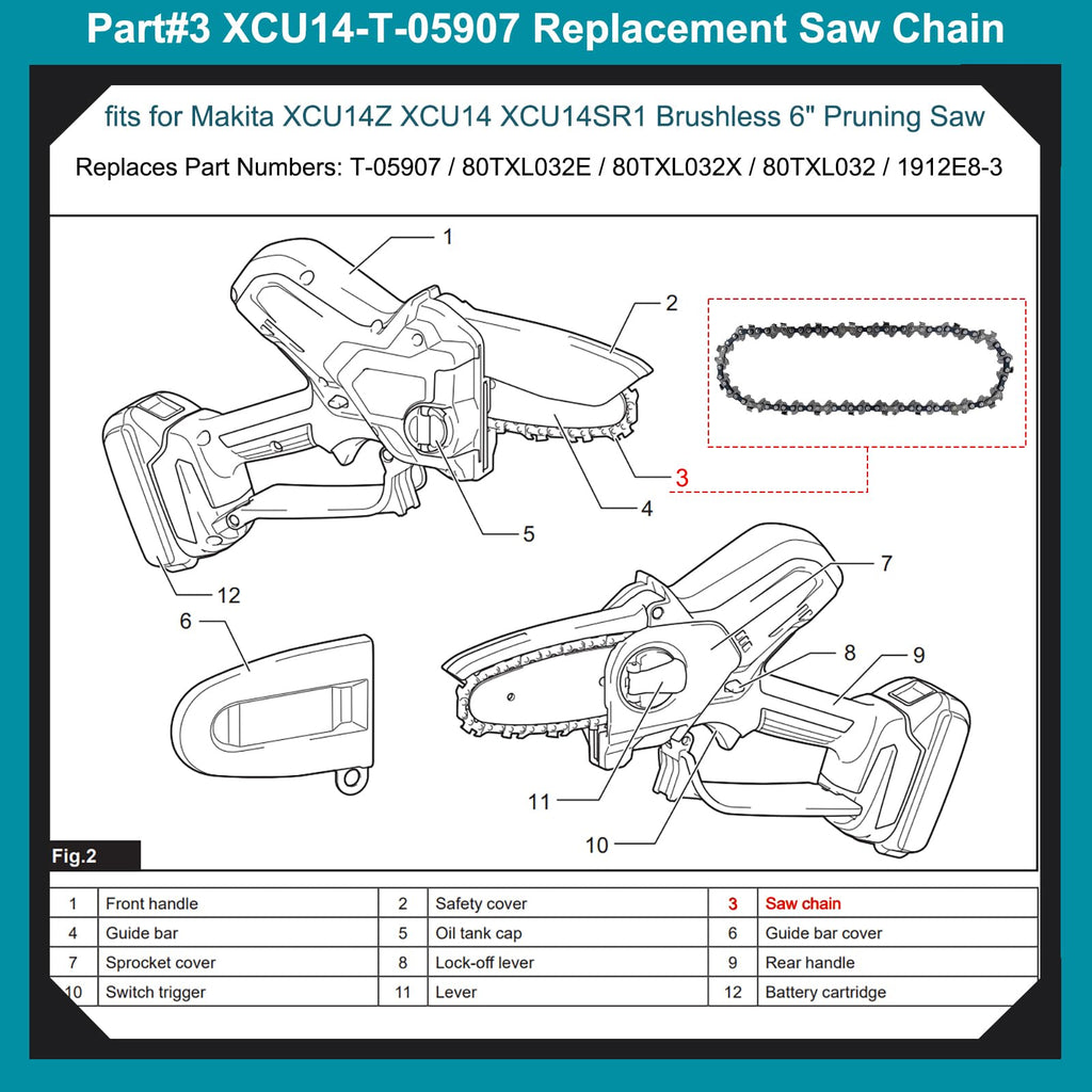 Cadena T-05907 6 pulg. para sierra de poda Makita XCU14 (.325 LP .043 32DL)
