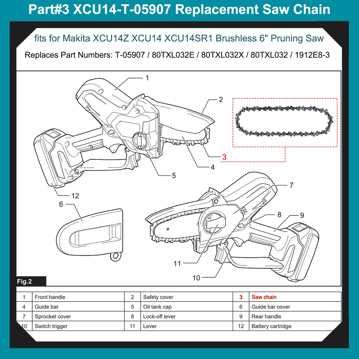 T-05907 6" Saw Chain for Makita XCU14 Pruning Saw (.325 LP .043 32DL)