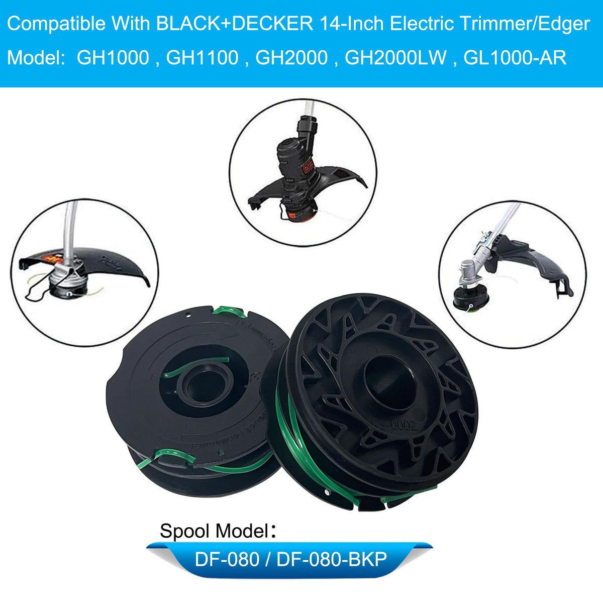 DF-080 Spool for Black+Decker GH1000 GH2000 Trimmer, 4-Pack + Cap