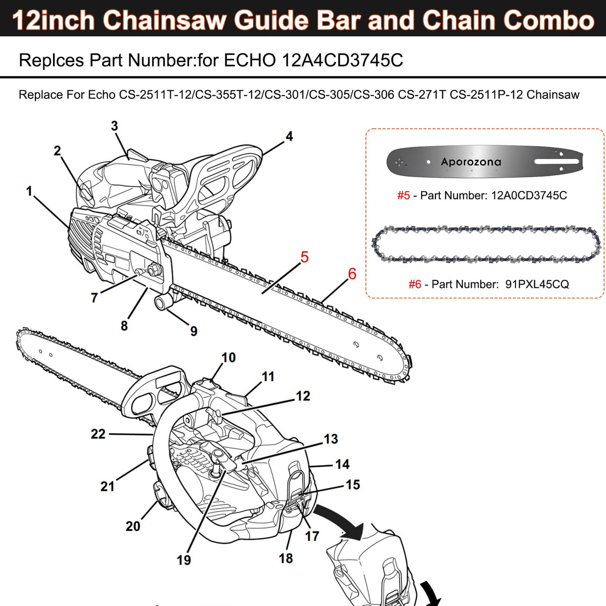 12" Chainsaw Guide Bar 12A4CD3745C for Echo CS-2511T CS-271T CS-355T