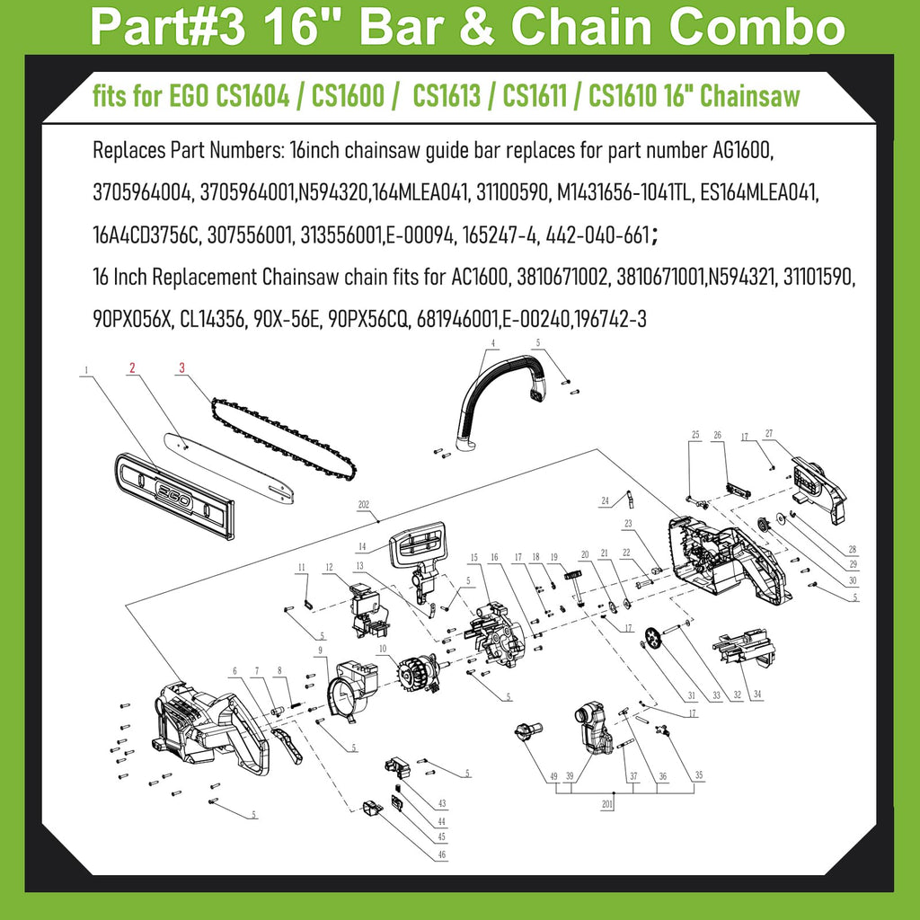 Espada y cadena 16 pulg. para EGO CS1600 CS1604, Milwaukee 2727-20