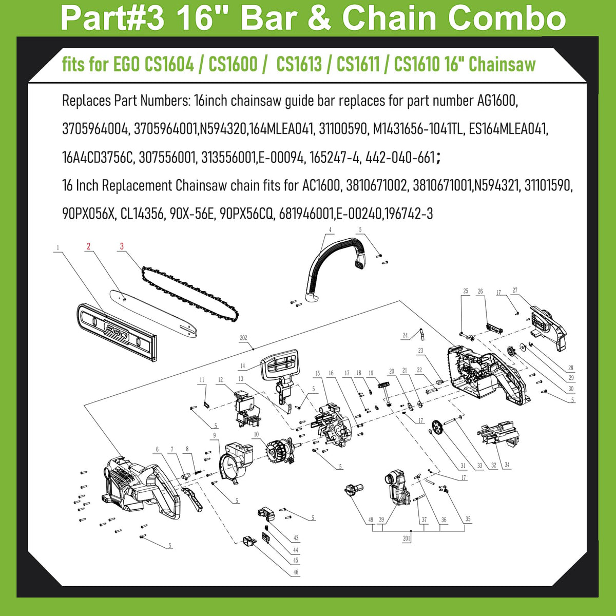 16" Chainsaw Bar & Chain for EGO CS1600 CS1604, Milwaukee 2727-20