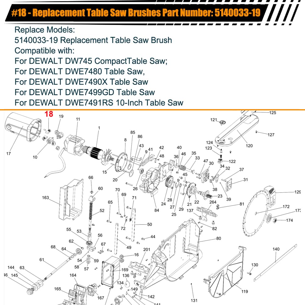 5140033-19 Carbon Brushes for DeWalt DW745 DWE7491 Table Saw