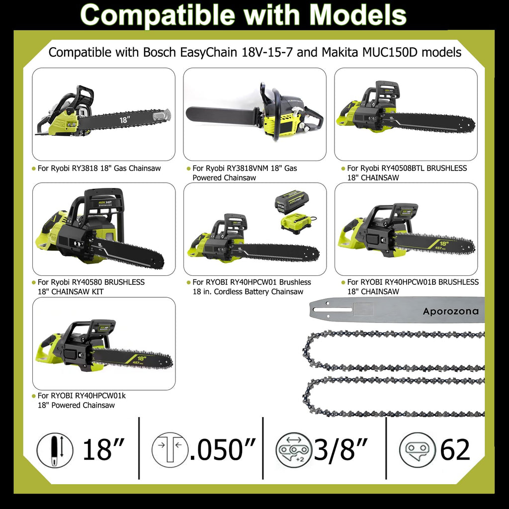 Espada de motosierra 18 pulg. para EGO CS1800 CS1803, Ryobi RY3818, Craftsman S1800
