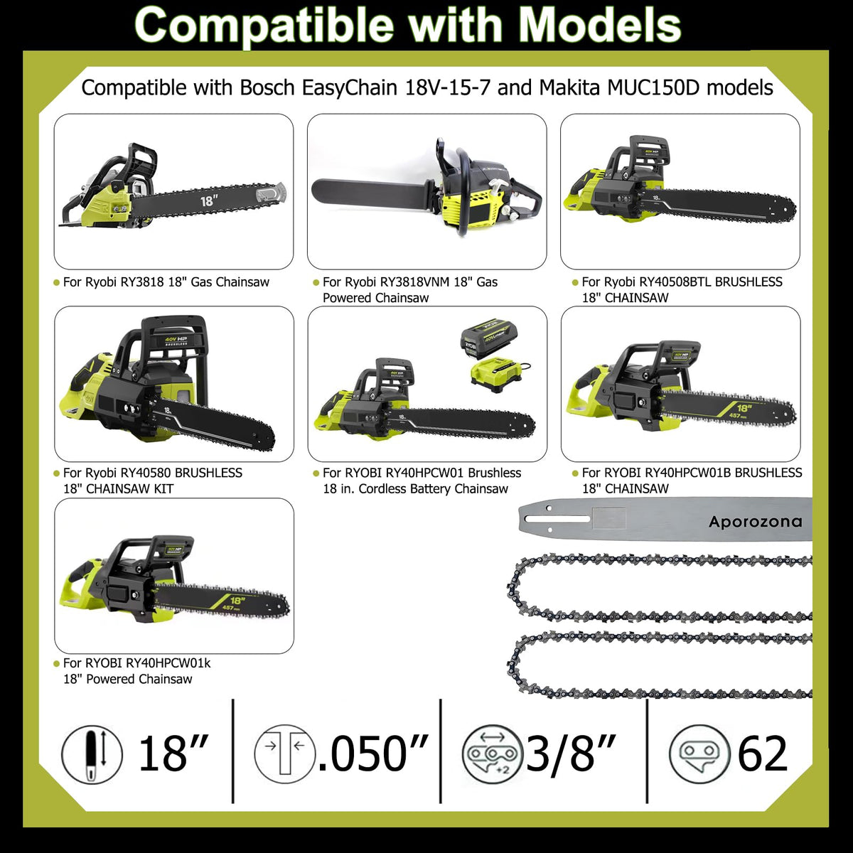 18" Chainsaw Bar for EGO CS1800 CS1803, Ryobi RY3818, Craftsman S1800