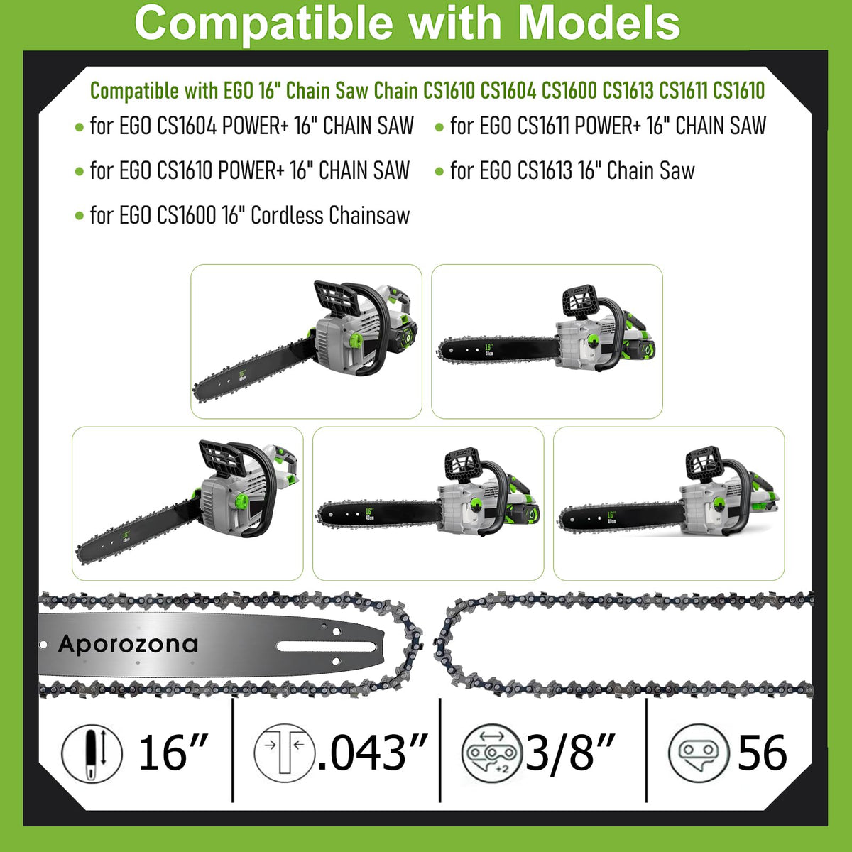16" Chainsaw Bar & Chain for EGO CS1600 CS1604, Milwaukee 2727-20