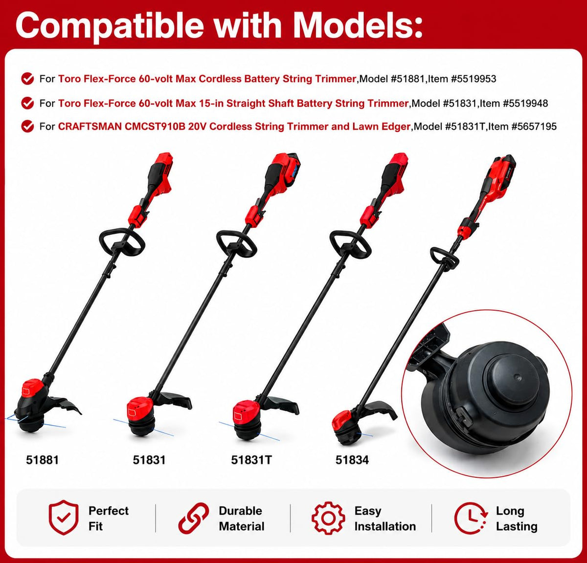 144-4108 Spools for Toro 60V 51831 51834 String Trimmer, 6-Pack