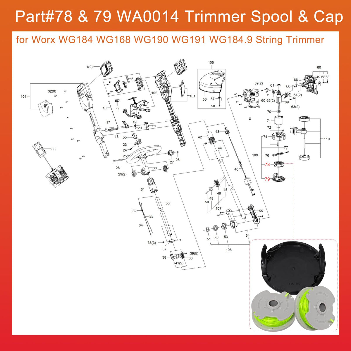 WA0014 Spool for Worx WG184 WG168 WG190 String Trimmer