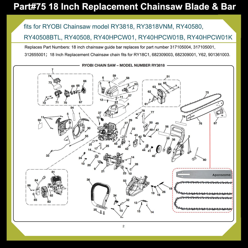 Espada de motosierra 18 pulg. para EGO CS1800 CS1803, Ryobi RY3818, Craftsman S1800