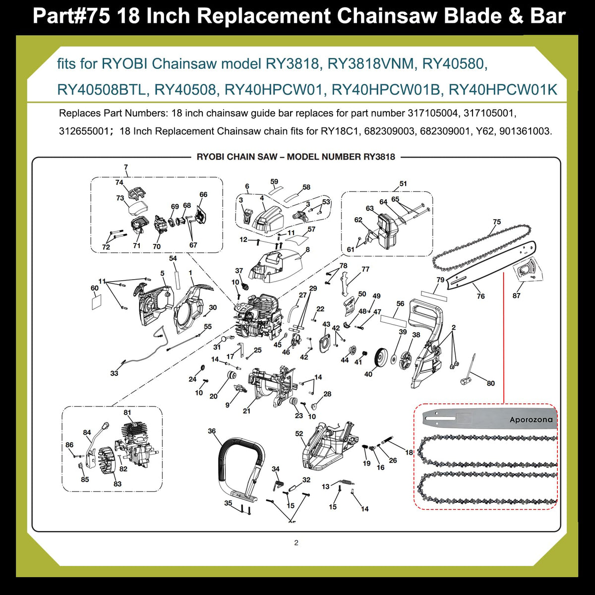 18" Chainsaw Bar for EGO CS1800 CS1803, Ryobi RY3818, Craftsman S1800