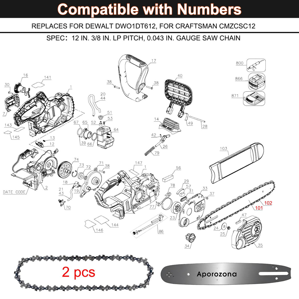 Guide et chaîne 12 po pour DeWalt DCCS620 et Craftsman CMCCS620