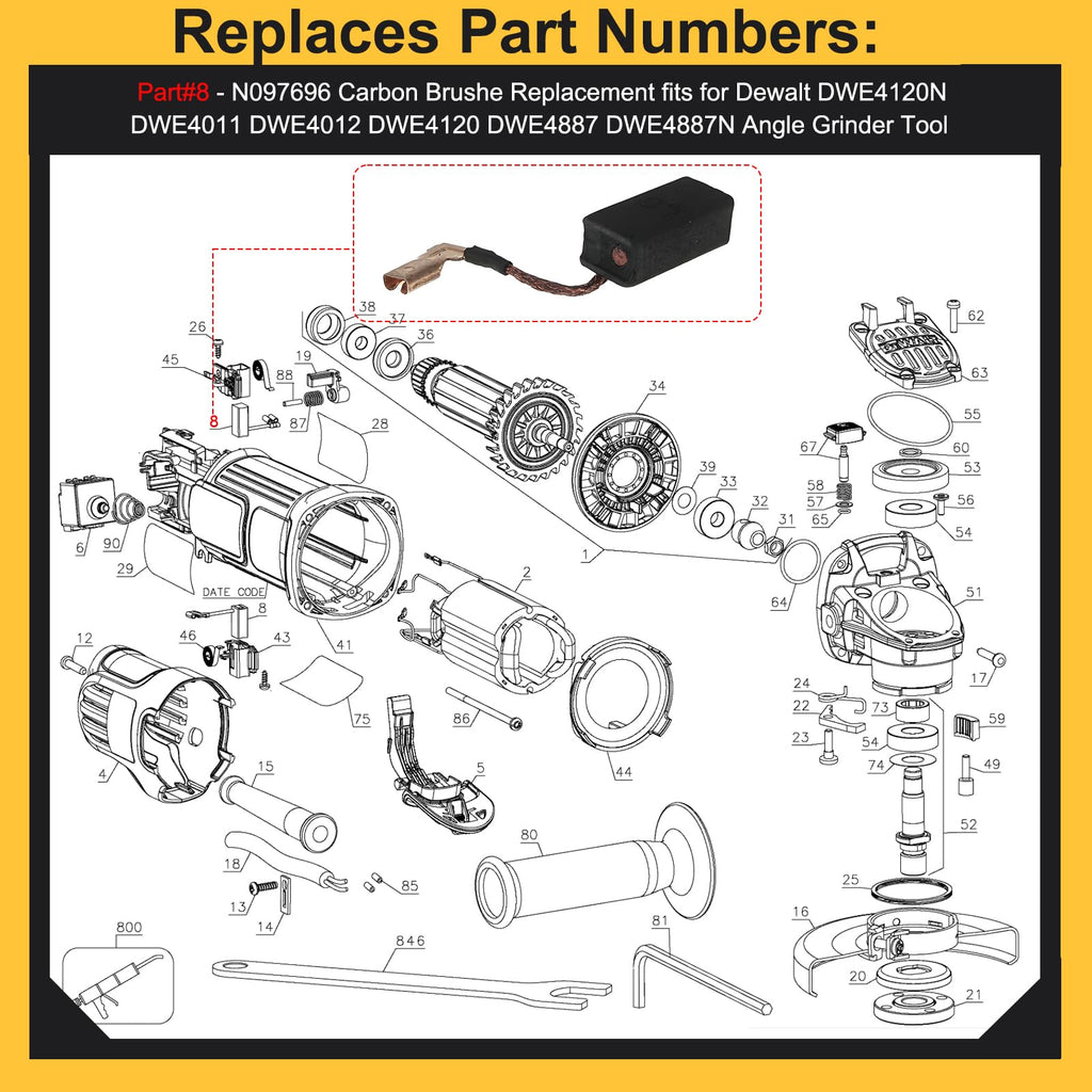 N097696 Carbon Brushes for DeWalt DWE4011 DWE4120 Grinder, 10-Pack