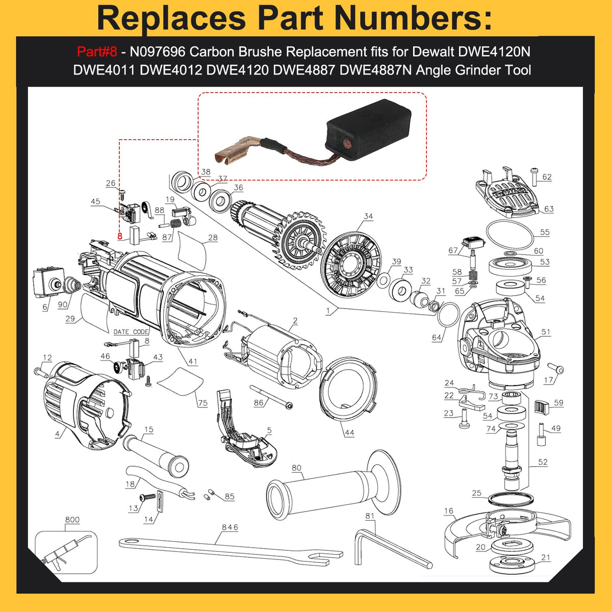 N097696 Carbon Brushes for DeWalt DWE4011 DWE4120 Grinder, 10-Pack